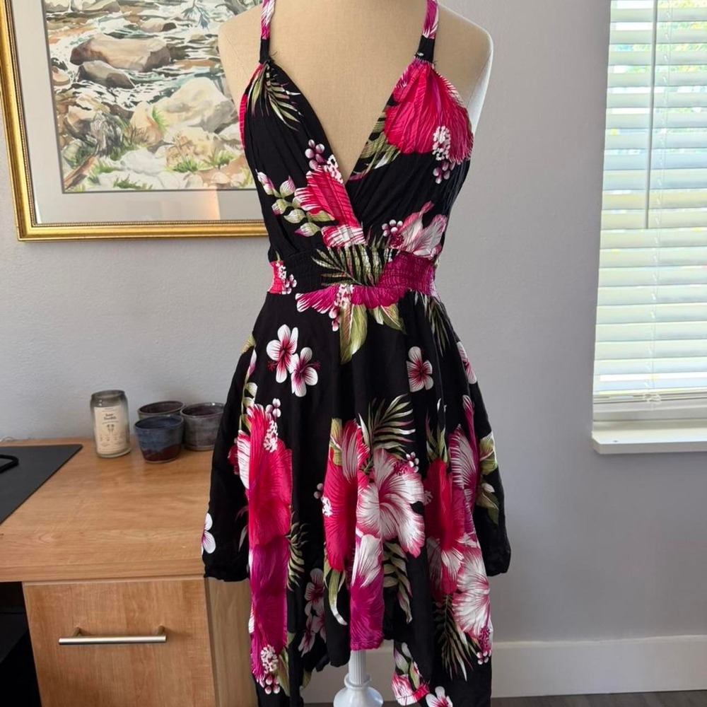 Y2K Tropical Hibiscus Handkerchief Hem Halter Dress Black Pink One Size